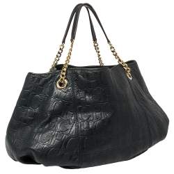 Pre Owned Carolina Herrera Navy Blue Monogram Embossed Leather Chain Shoulder Bag