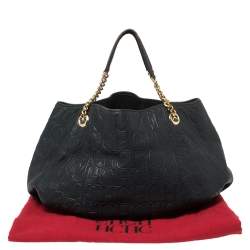 Pre Owned Carolina Herrera Navy Blue Monogram Embossed Leather Chain Shoulder Bag