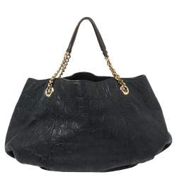 Pre Owned Carolina Herrera Navy Blue Monogram Embossed Leather Chain Shoulder Bag