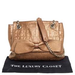 Pre Owned Carolina Herrera Metallic Beige Monogram Leather Audrey Shoulder Bag 