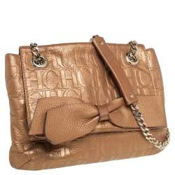 Pre Owned Carolina Herrera Metallic Beige Monogram Leather Audrey Shoulder Bag 