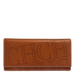 Pre Owned Carolina Herrera Brown Logo Leather Gigi Trifold Long Wallet  