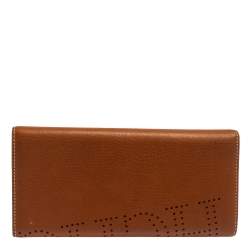 Pre Owned Carolina Herrera Brown Logo Leather Gigi Trifold Long Wallet  