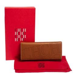 Pre Owned Carolina Herrera Brown Logo Leather Gigi Trifold Long Wallet  