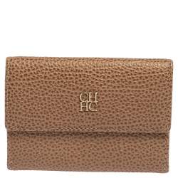 Pre Owned Carolina Herrera Beige Grained Leather Compact Wallet