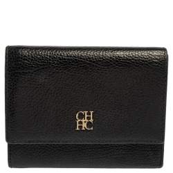 Pre Owned Carolina Herrera Black Grained Leather Trifold Wallet
