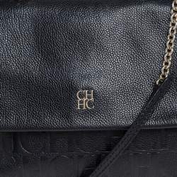 Pre Owned Carolina Herrera Black Embossed Leather Minuetto Flap Top Handle Bag