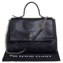 Pre Owned Carolina Herrera Black Embossed Leather Minuetto Flap Top Handle Bag