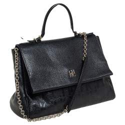 Pre Owned Carolina Herrera Black Embossed Leather Minuetto Flap Top Handle Bag