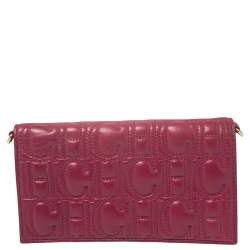 Pre Owned Carolina Herrera Magenta Logo Embossed Leather Flap Clutch  
