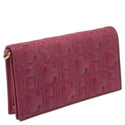 Pre Owned Carolina Herrera Magenta Logo Embossed Leather Flap Clutch  