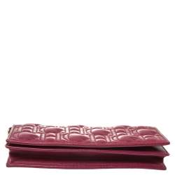 Pre Owned Carolina Herrera Magenta Logo Embossed Leather Flap Clutch  