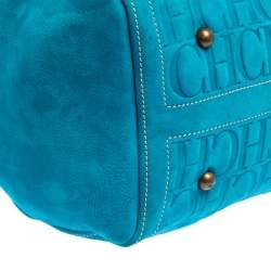 Pre Owned Carolina Herrera Turquoise Monogram Suede and Leather Large Andy Boston Bag