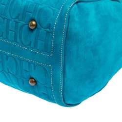 Pre Owned Carolina Herrera Turquoise Monogram Suede and Leather Large Andy Boston Bag