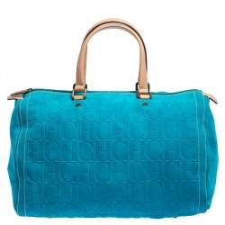Pre Owned Carolina Herrera Turquoise Monogram Suede and Leather Large Andy Boston Bag