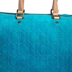 Pre Owned Carolina Herrera Turquoise Monogram Suede and Leather Large Andy Boston Bag