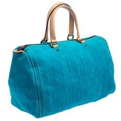 Pre Owned Carolina Herrera Turquoise Monogram Suede and Leather Large Andy Boston Bag