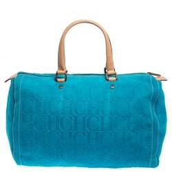 Pre Owned Carolina Herrera Turquoise Monogram Suede and Leather Large Andy Boston Bag