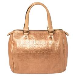 Pre Owned Carolina Herrera Metallic Rose Gold Embossed Leather Andy Boston Bag