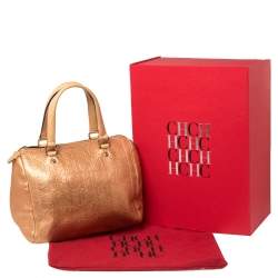 Pre Owned Carolina Herrera Metallic Rose Gold Embossed Leather Andy Boston Bag