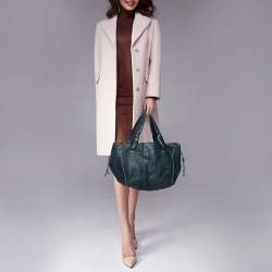 Pre Owned Carolina Herrera Dark Teal Blue Embossed Leather Side String Hobo