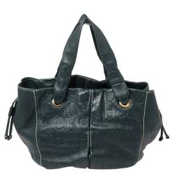 Pre Owned Carolina Herrera Dark Teal Blue Embossed Leather Side String Hobo