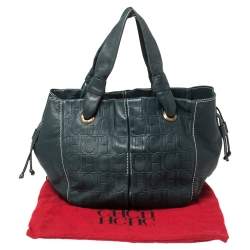 Pre Owned Carolina Herrera Dark Teal Blue Embossed Leather Side String Hobo
