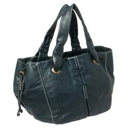 Pre Owned Carolina Herrera Dark Teal Blue Embossed Leather Side String Hobo