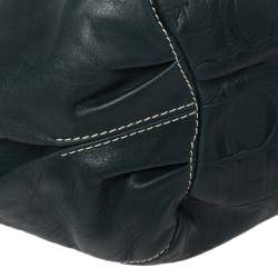 Pre Owned Carolina Herrera Dark Teal Blue Embossed Leather Side String Hobo