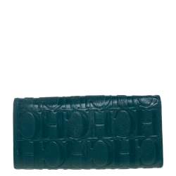 Pre Owned Carolina Herrera Green Embossed Leather Continental Wallet