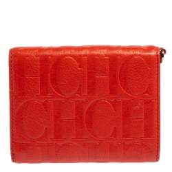 Pre Owned Carolina Herrera Orange Embossed Leather Bow Trifold Wallet