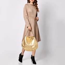 Pre Owned Carolina Herrera Gold Metallic Monogram Leather Chain Hobo