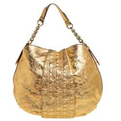Pre Owned Carolina Herrera Gold Metallic Monogram Leather Chain Hobo