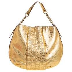 Pre Owned Carolina Herrera Gold Metallic Monogram Leather Chain Hobo
