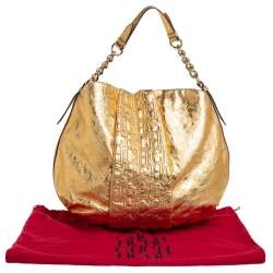 Pre Owned Carolina Herrera Gold Metallic Monogram Leather Chain Hobo
