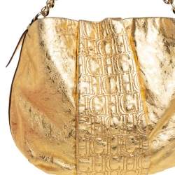 Pre Owned Carolina Herrera Gold Metallic Monogram Leather Chain Hobo
