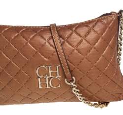 Pre Owned Carolina Herrera Metallic Beige Leather Chain Shoulder Bag
