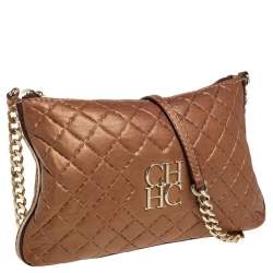 Pre Owned Carolina Herrera Metallic Beige Leather Chain Shoulder Bag