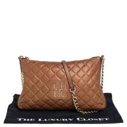 Pre Owned Carolina Herrera Metallic Beige Leather Chain Shoulder Bag