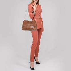 Pre Owned Carolina Herrera Brown Embossed Leather Minuetto Flap Top Handle Bag