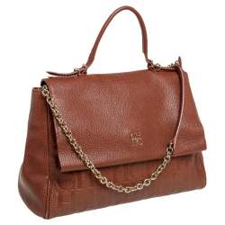 Pre Owned Carolina Herrera Brown Embossed Leather Minuetto Flap Top Handle Bag