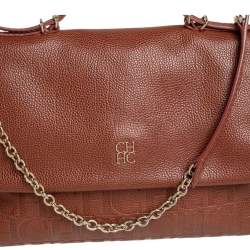 Pre Owned Carolina Herrera Brown Embossed Leather Minuetto Flap Top Handle Bag