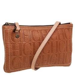 Pre Owned Carolina Herrera Tan Embossed Leather Shoulder Bag