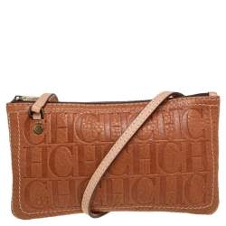 Pre Owned Carolina Herrera Tan Embossed Leather Shoulder Bag