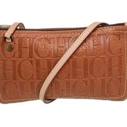 Pre Owned Carolina Herrera Tan Embossed Leather Shoulder Bag