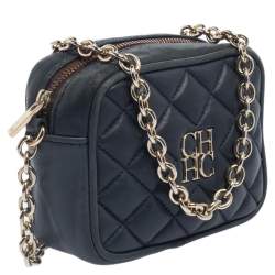 Pre Owned Carolina Herrera Blue Quilted Leather Chain Crossbody Bag