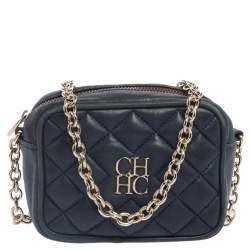 Pre Owned Carolina Herrera Blue Quilted Leather Chain Crossbody Bag