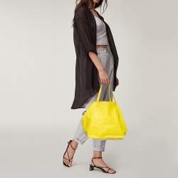 Pre Owned Carolina Herrera Neon Yellow Embossed Leather Matryoshka Tote