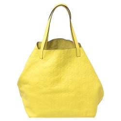 Pre Owned Carolina Herrera Neon Yellow Embossed Leather Matryoshka Tote