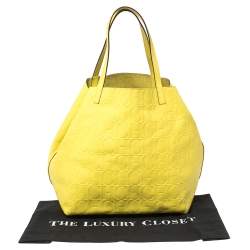 Pre Owned Carolina Herrera Neon Yellow Embossed Leather Matryoshka Tote